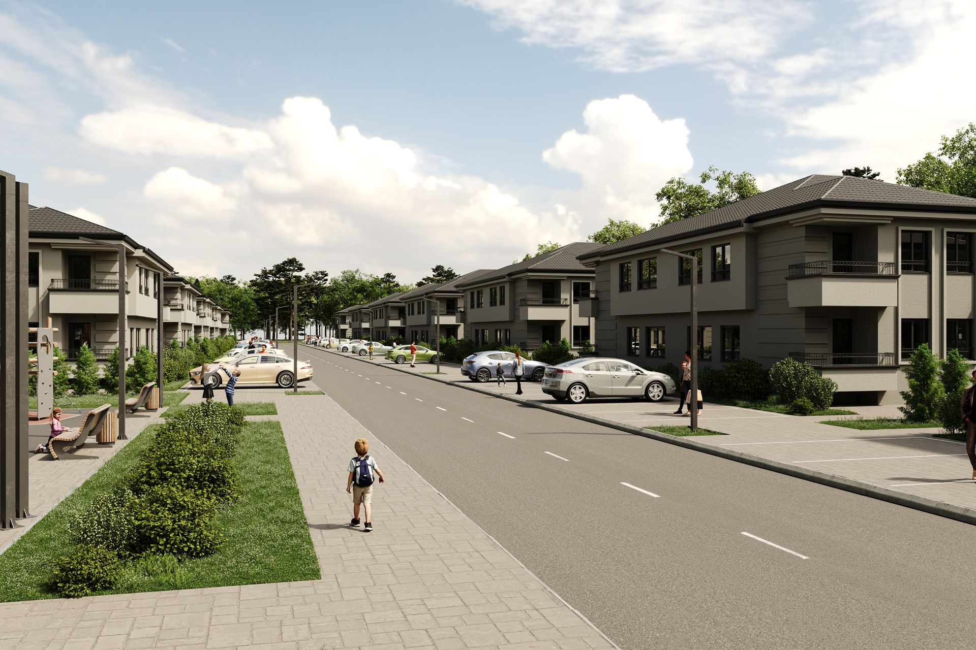 Ulica kroz kompleks Green Park Jakovo sa pešačkim stazama i zelenilom